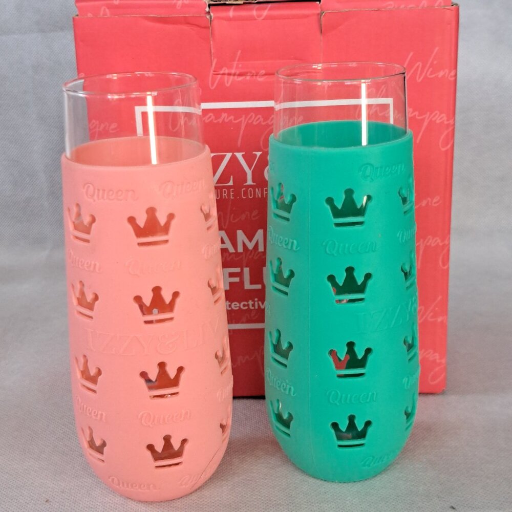 IZZY&LIV Champagne Glasses w/Silicone Sleeves SET OF 2 Flutes  Queen